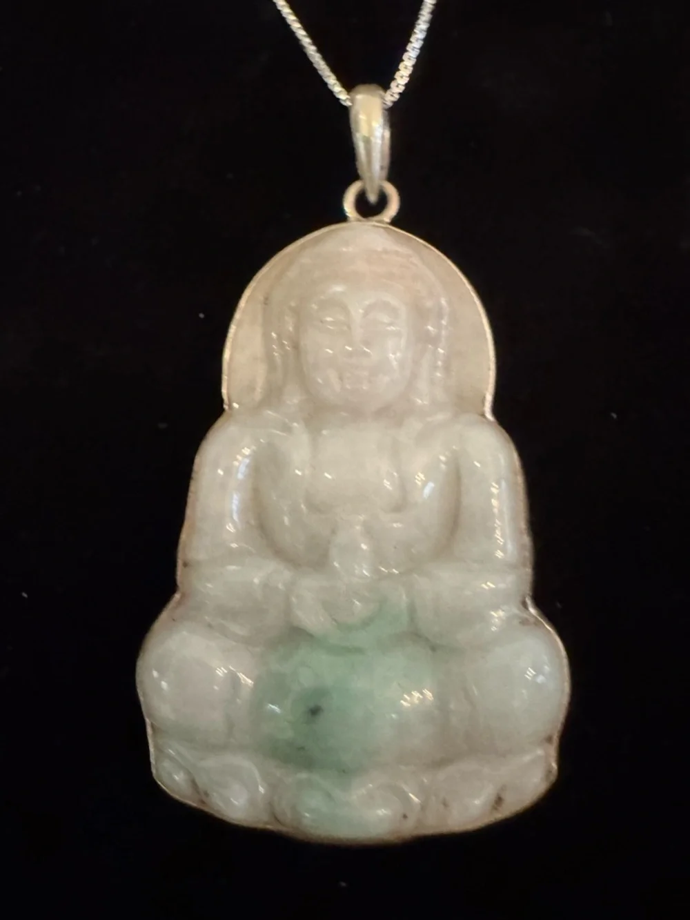 Genuine Jade Buddha Pendant Necklace - Green/White. Sterling silver‎ setting.